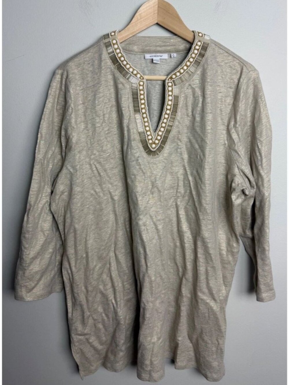 Chico's 100% Linen Beaded V-Neck Tunic Tan Metallic Shimmer Size 3 Women’s